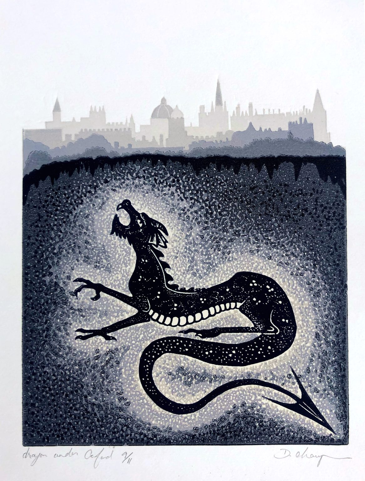 A purple dragon lurking under the skyline of Oxford city