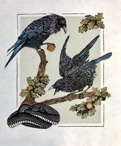 Two ravens on a branch fighting a snake. A lino cut print